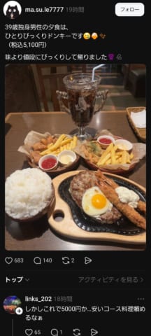 独身男性「びっくりドンキーで夕食したら味より値段にびっくりした💦(5100円)」